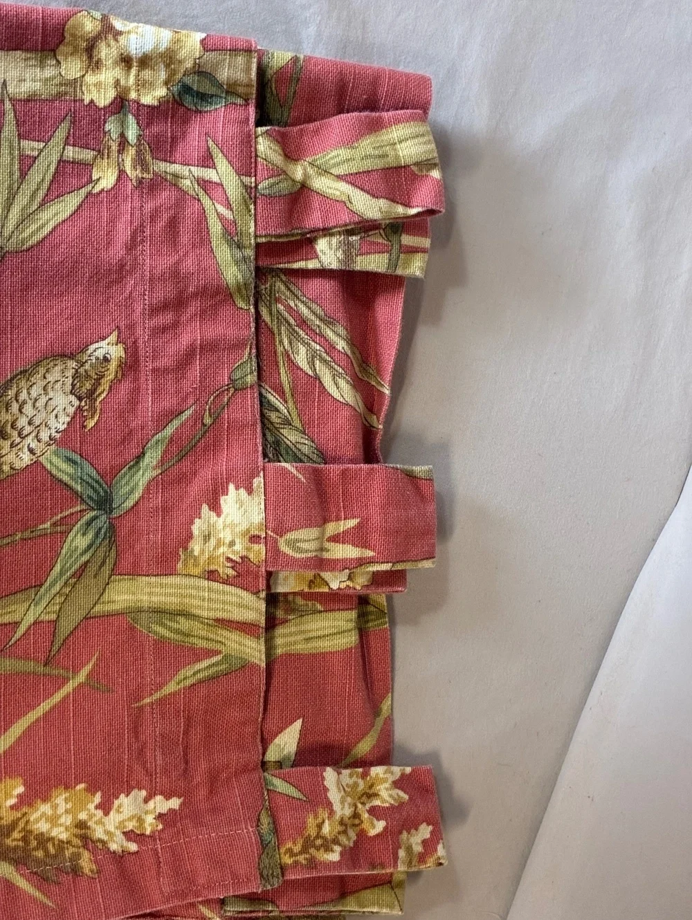 Floral Tab Top Curtains in Red with Birds and Bamboo Print